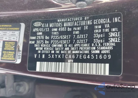 2014 Kia Sorento Lx from USA, damaged, VIN 5XYKTCA67EG451609